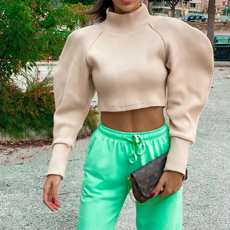 Short top with stand-up collar and bubble sleeves