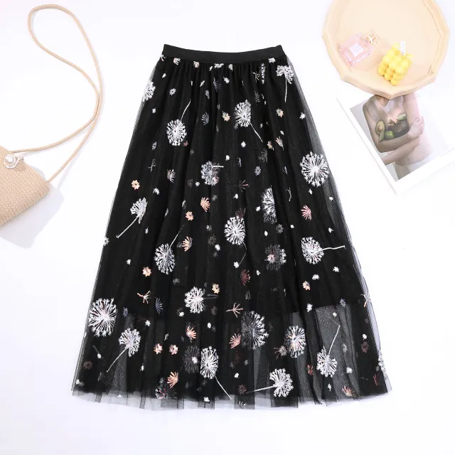 Pleated tulle skirt skirt dandelion embroidered long skirt Black - Shop at LoveMi