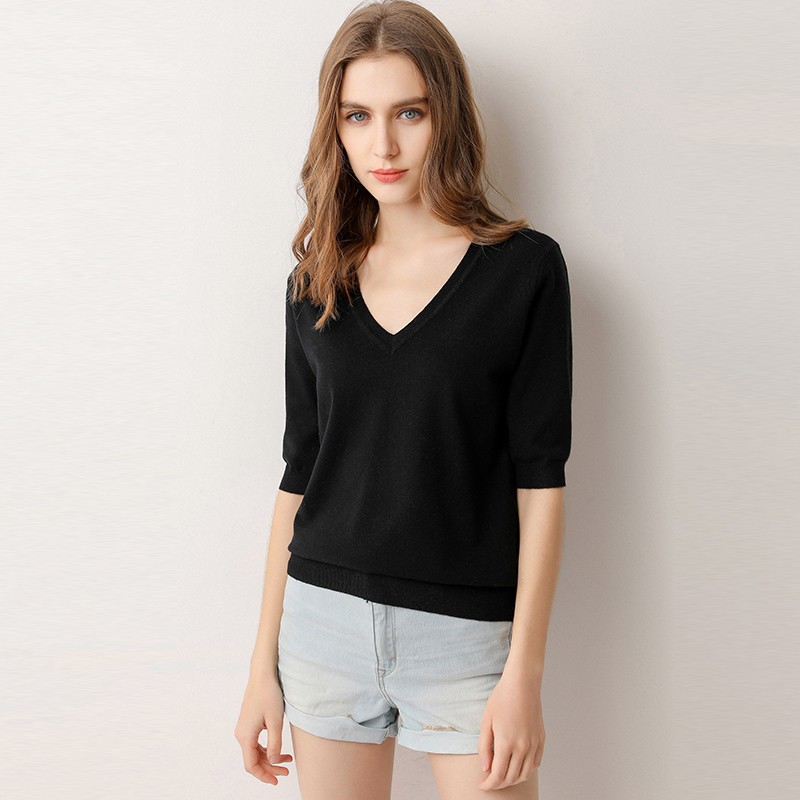 Women's Knit Sweater V-neck Short Pullover Short Sleeve
