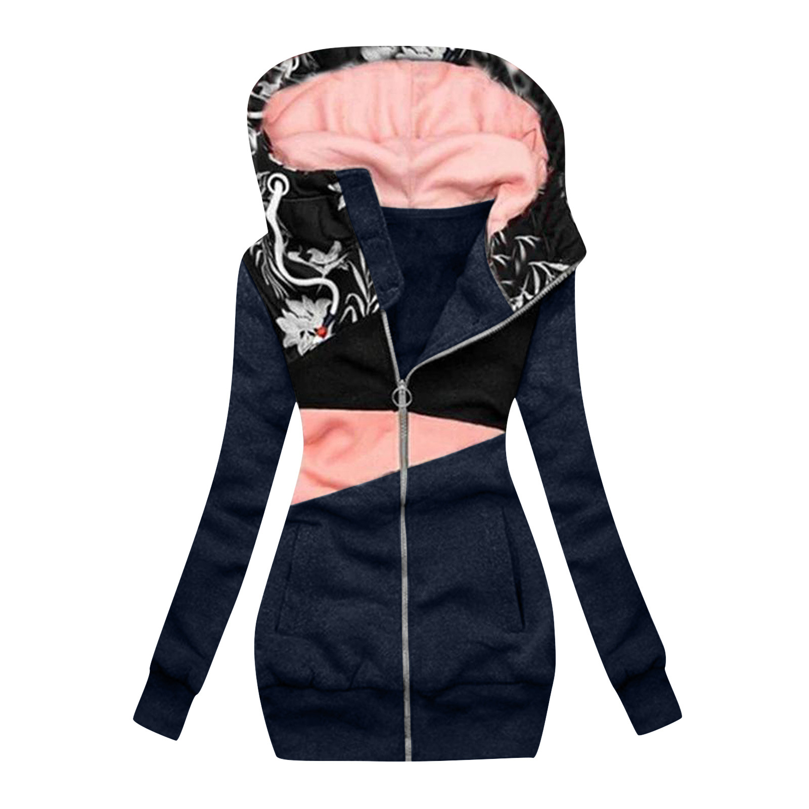 Colorblock Print Hooded Long Sleeve Jacket