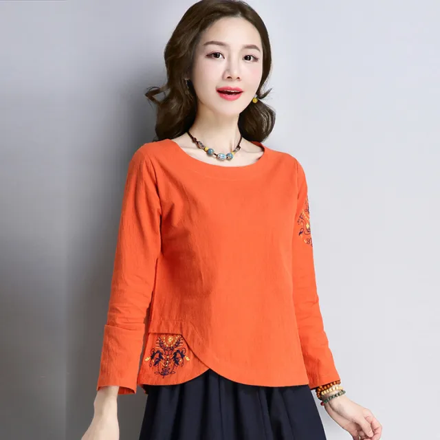 Cotton And Linen Women's Suit Long Sleeve t Shirt Orange - Shop at LoveMi