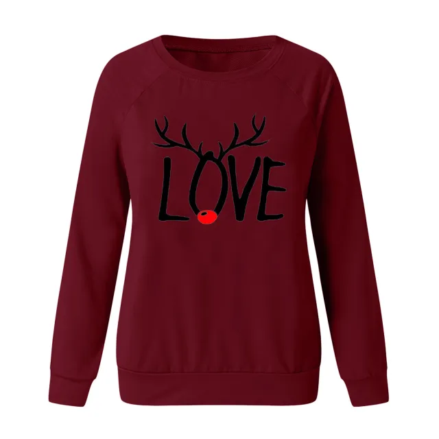 Christmas Pattern Printed Long sleeved Round Neck Sweater Women Wine - Shop at LoveMi