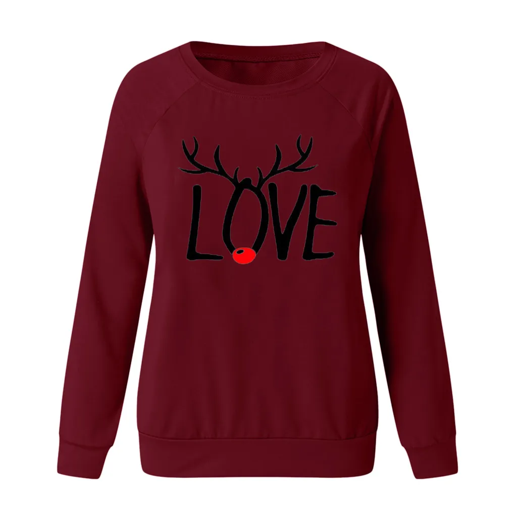 Christmas Pattern Printed Long-sleeved Round Neck Sweater Women - Wine