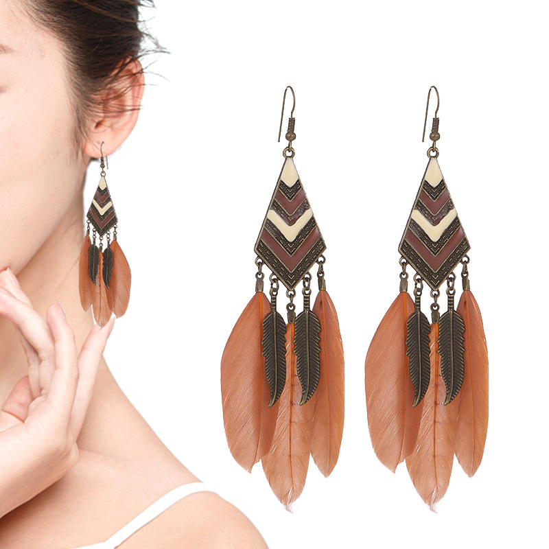 Diamond Leaf Long Tassel Feather Earrings For Female Bohemian Accessori