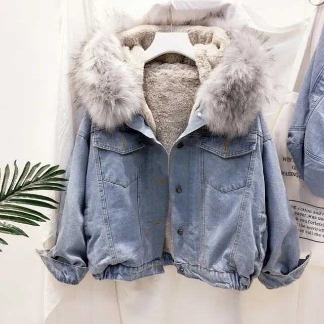 Plush padded denim jacket Grey - Shop at LoveMi