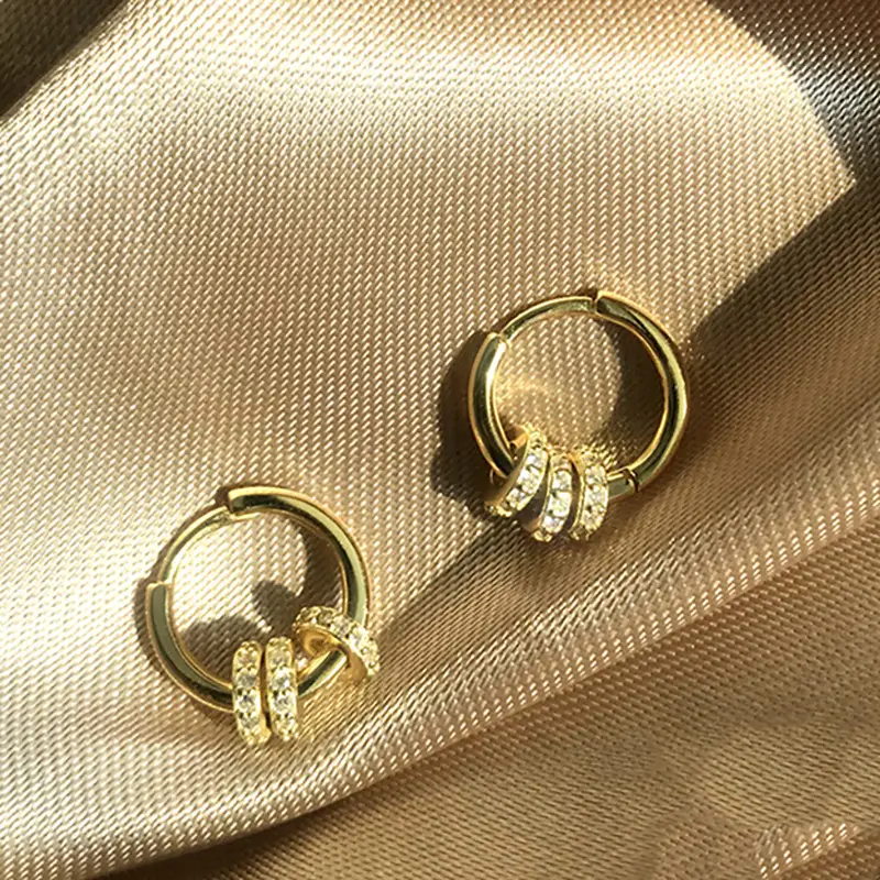 Silver Needle Three Circle Zirconium Retro Earrings