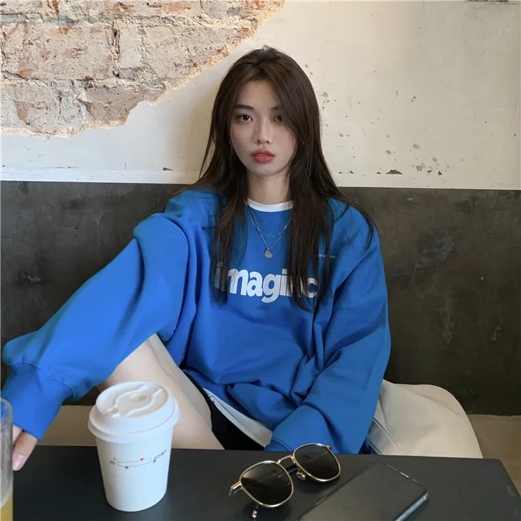 Letter print loose all-match sweater - Blue