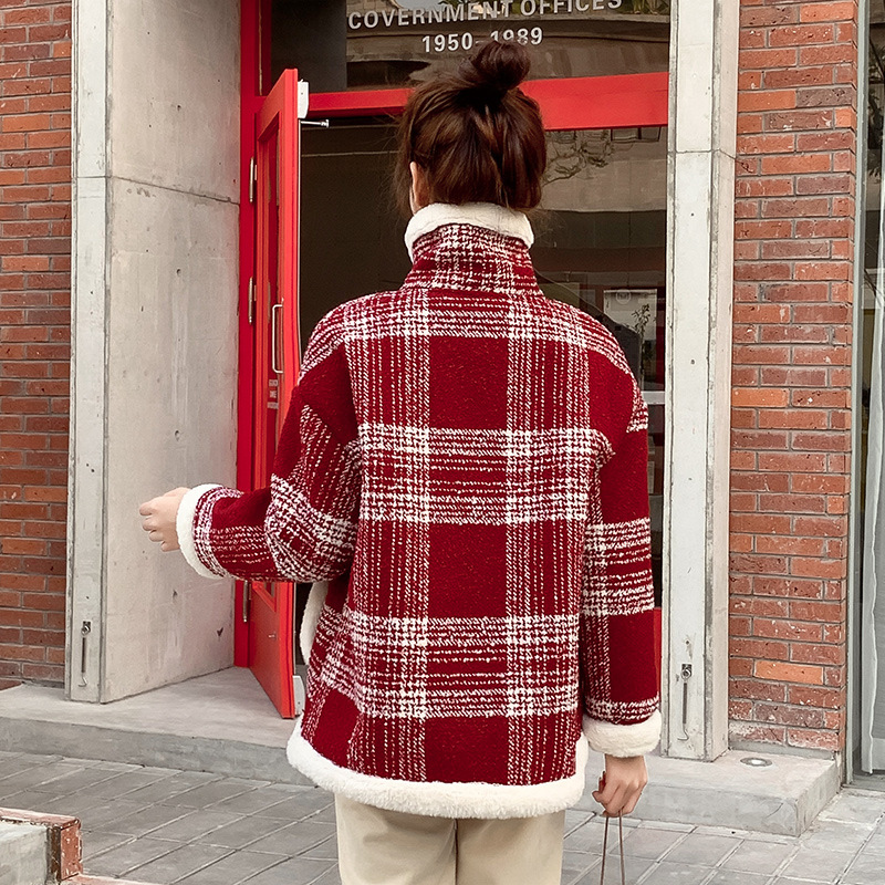Plaid woolen coat plush stand collar cotton coat