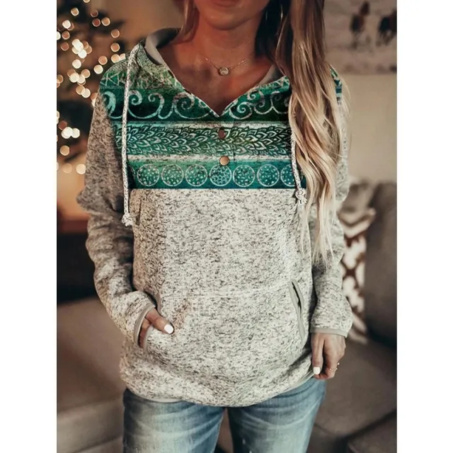 Grey Printed Long Sleeve Pullover Hooded Ladies Sweatshirt 2Style - Shop at LoveMi