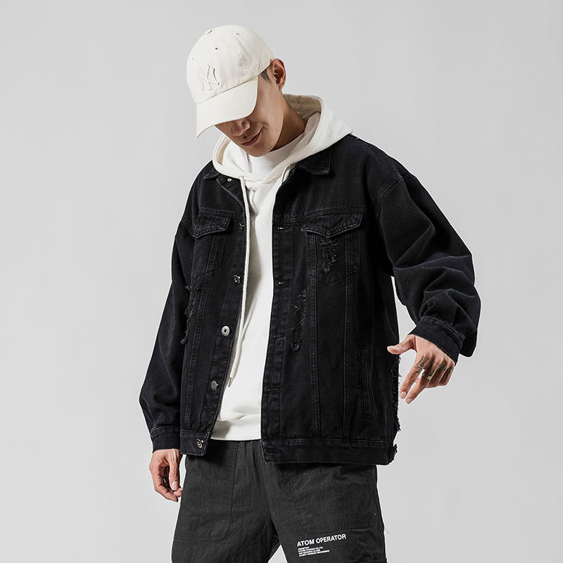 Japanese Letters Printed Frayed Holes Plus Size Denim Jacket