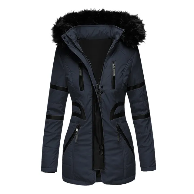 Contrasting color big fur collar cotton coat women Blue - Shop at LoveMi