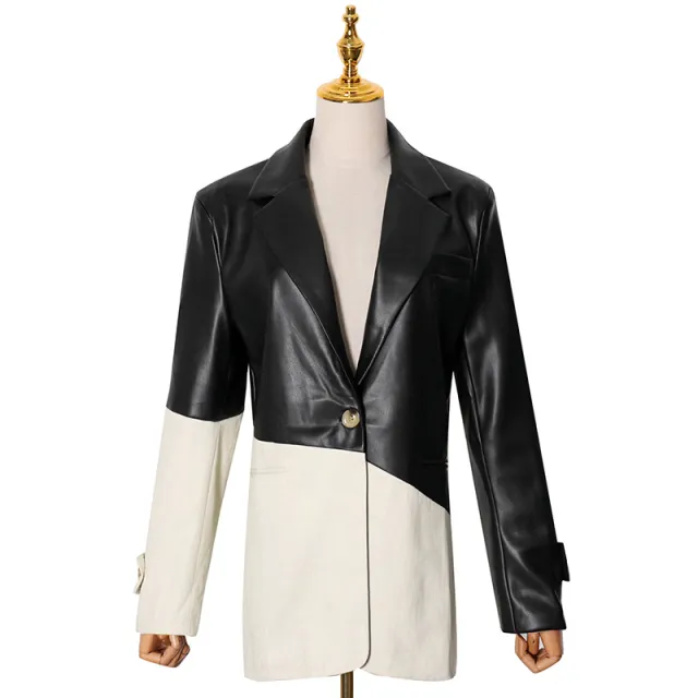 Ladies Loose Stitching PU Leather Suit Jacket Black And White - Shop at LoveMi