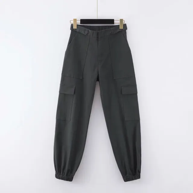 Solid color high waist cargo trousers Dark Grey - Shop at LoveMi