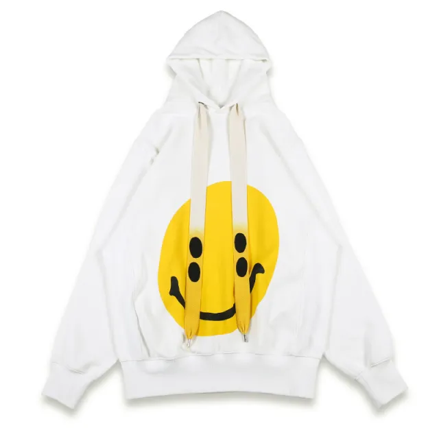 Retro smiley drawstring hooded casual sweater Beige - Shop at LoveMi