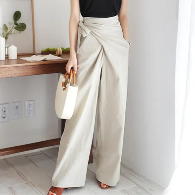 Pure color lace up casual trousers Light Grey - Shop at LoveMi