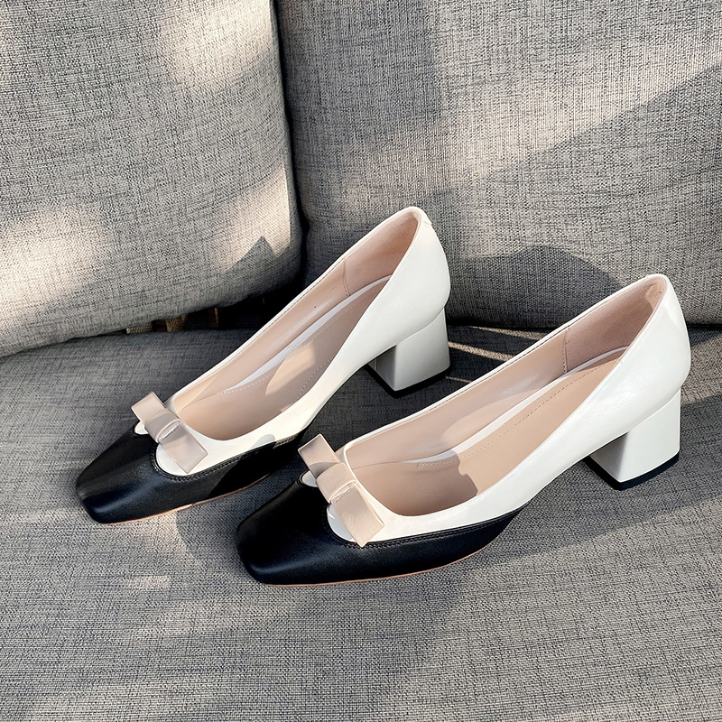 Colorblock square toe chunky heel leather shoes