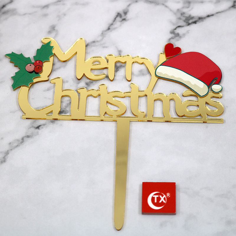 Merry Christmas hat acrylic cake topper insert card (Gold)