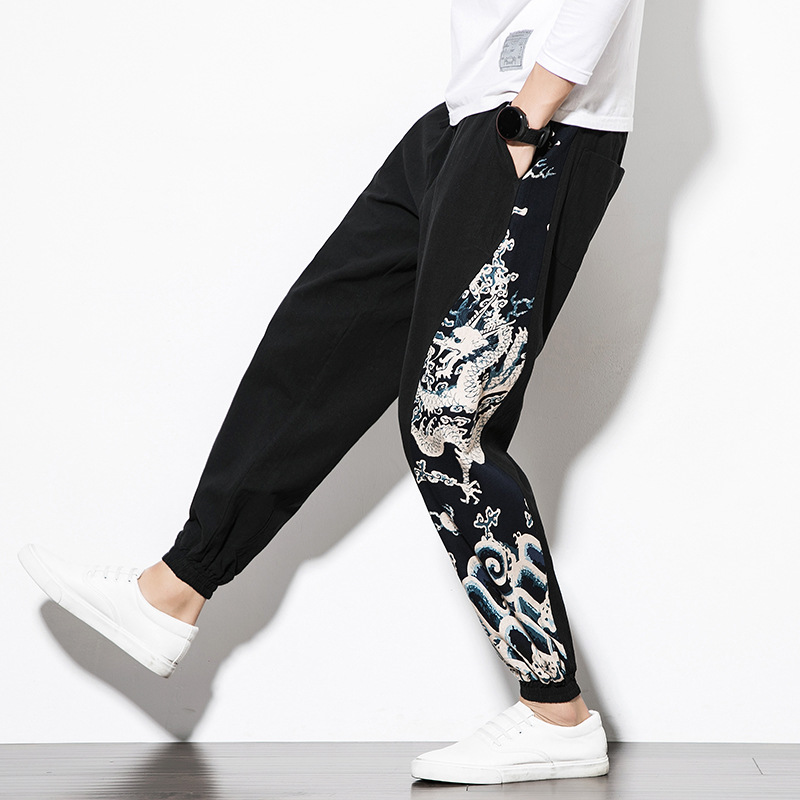Chinese style dragon stitching cotton and linen pants