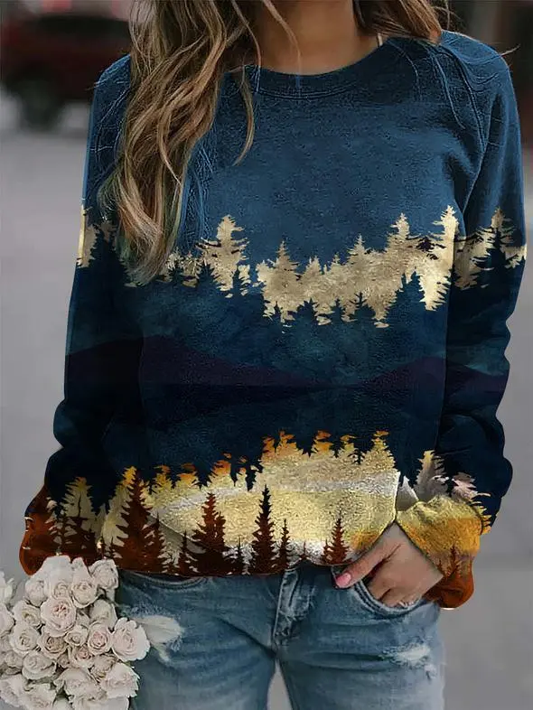 Landscape print long sleeved sweater Blue - Shop at LoveMi