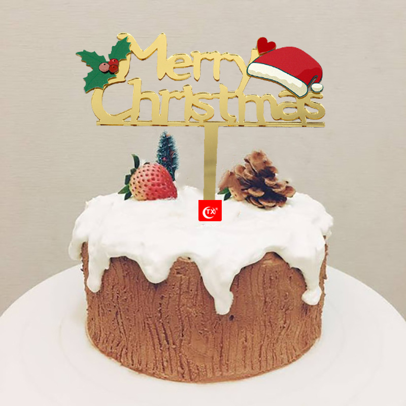Merry Christmas hat acrylic cake topper insert card (Gold)