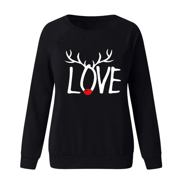 Christmas Pattern Printed Long sleeved Round Neck Sweater Women Black - Shop at LoveMi