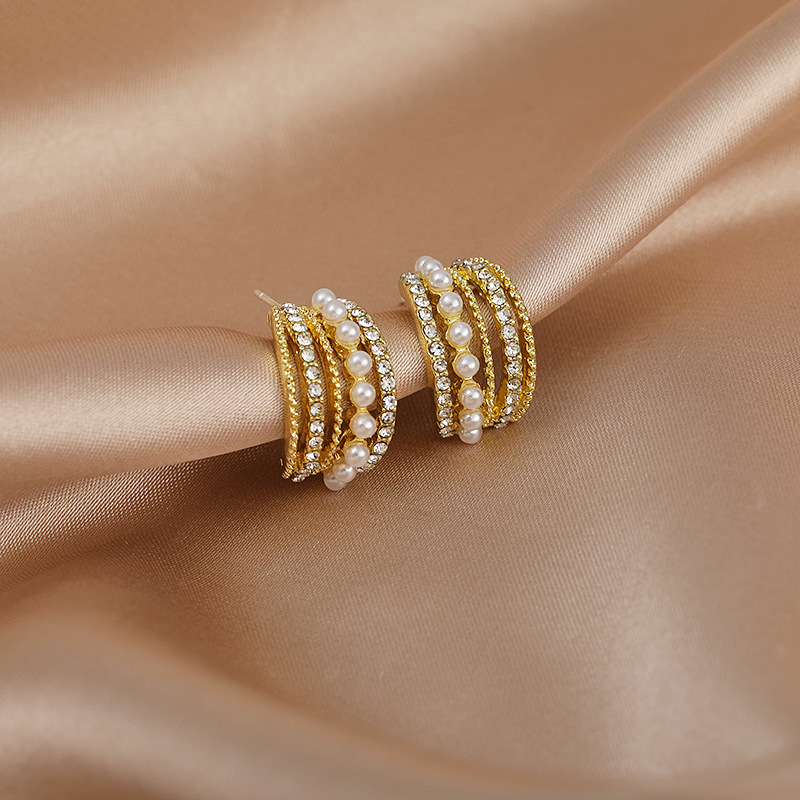 S925 Silver Needle Korean Girl Pearl Diamond Inlaid Ins Style Retro C Type Minority Temperament Earrings