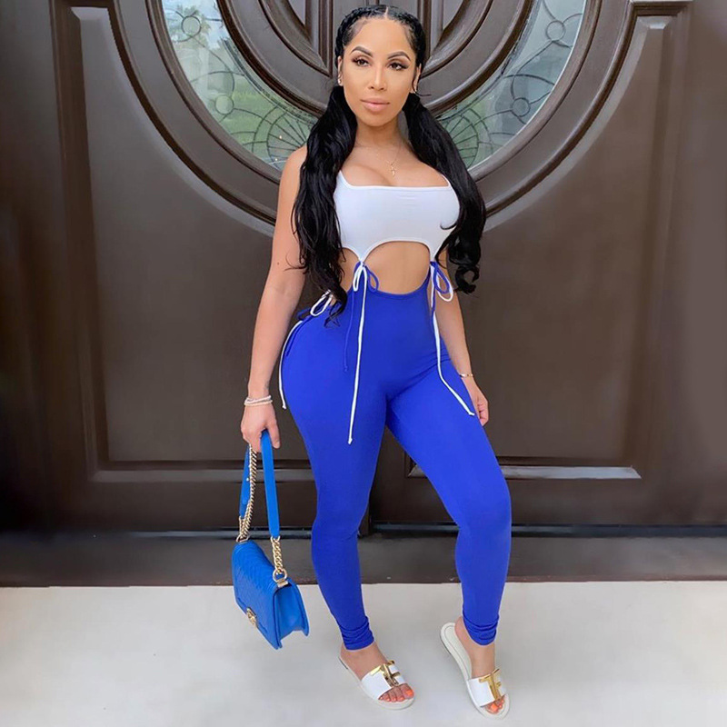 Contrasting high waist hip lift jumpsuit Blue - Shop at LoveMi