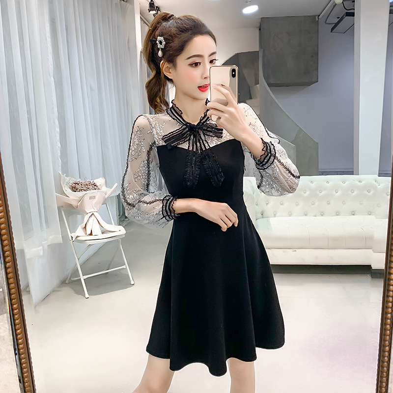 Lace stitching mid-length temperament dress