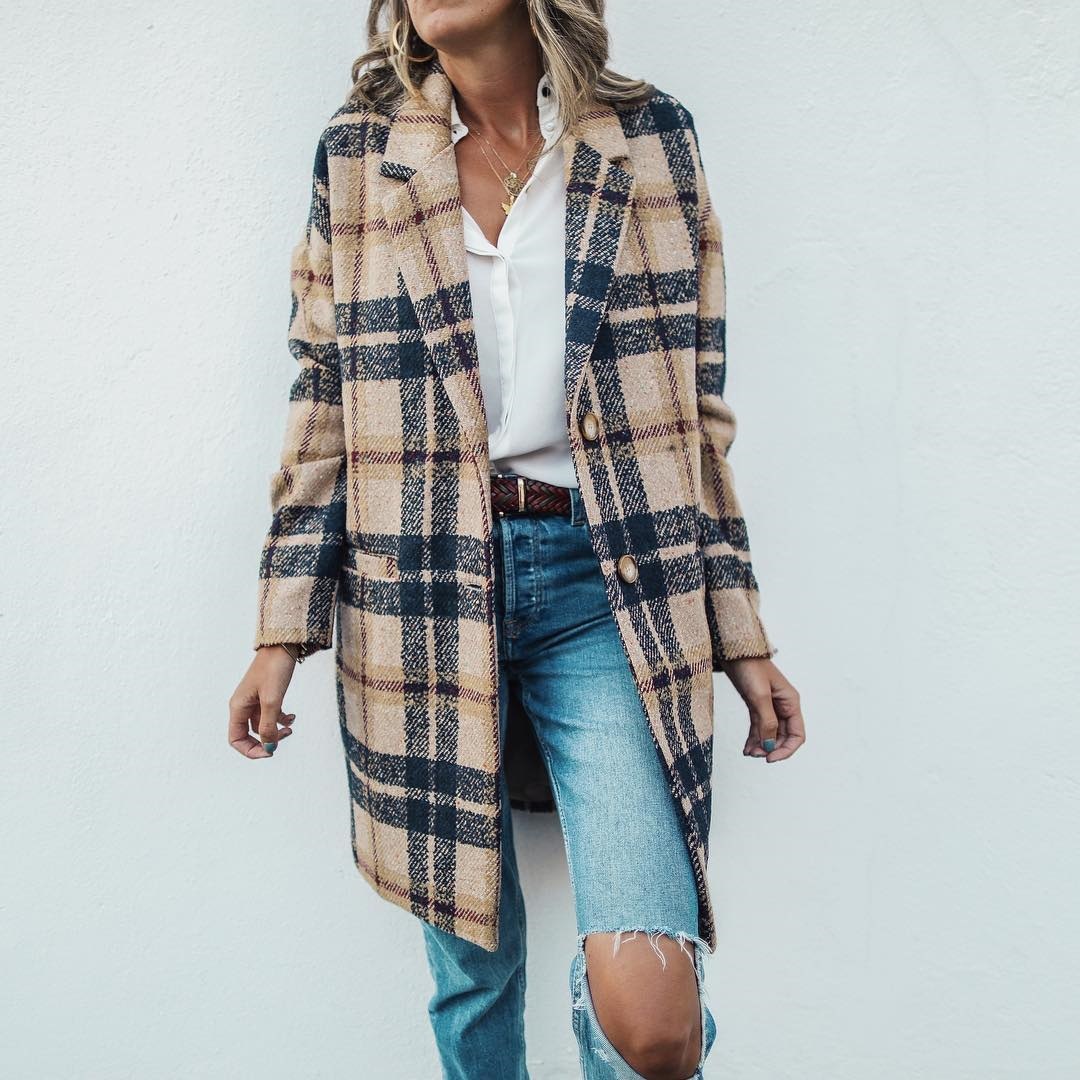 Women's plaid woolen coat