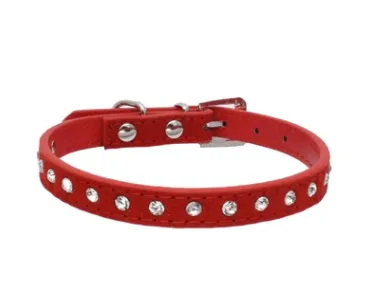 Diamond-studded pet collar shiny row of diamond rhinestone dog ring microfiber soft and comfortable collar dog supplies - Red