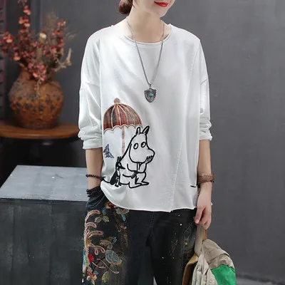 Cartoon Patch Embroidery Round Neck T shirt Cotton White - Shop at LoveMi