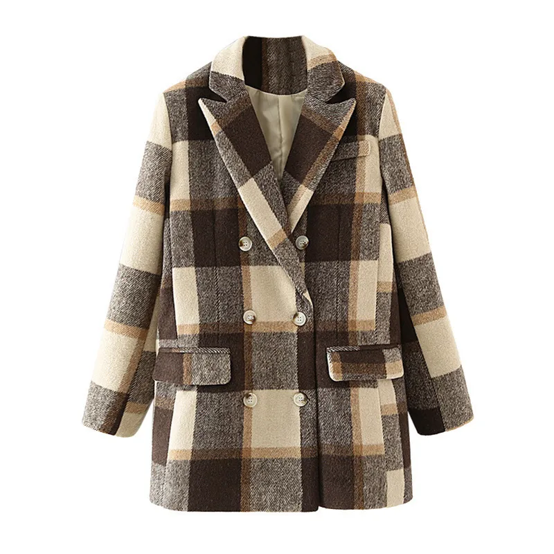 Double-breasted woolen plaid blazer - Brown
