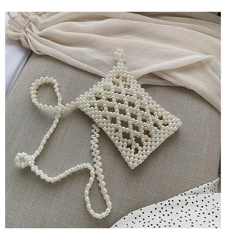 Fashion pearl woven single and versatile shoulder bag - White
