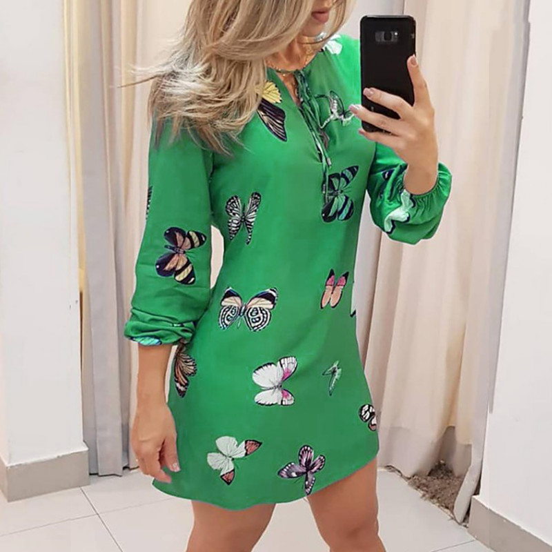 Fashion Butterfly Print V-neck tie Lantern Sleeve Dress