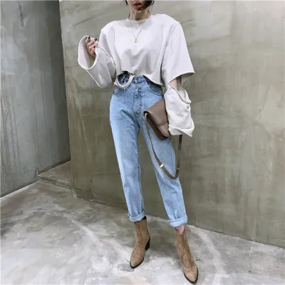 High waist washed blue 2 button small straight leg jeans Light Blue - Shop at LoveMi
