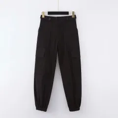 Solid color high waist cargo trousers - Black - View 1