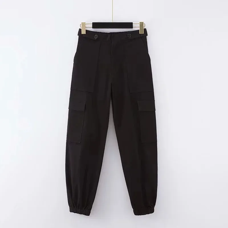 Solid colour high waist cargo trousers - Black