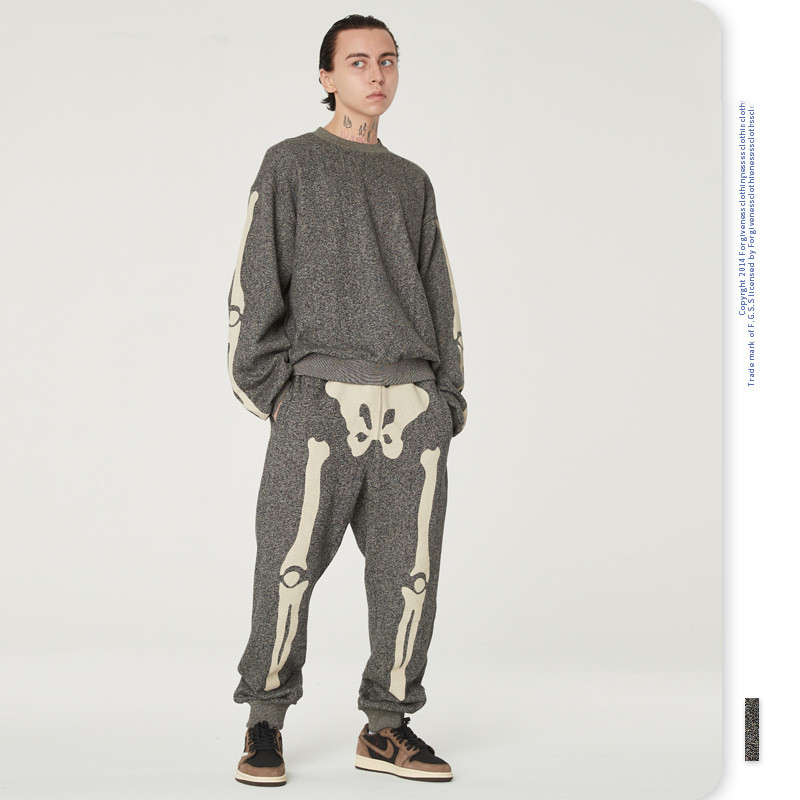 Skeleton print round neck pullover men's sweater