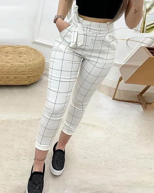 Women's white plaid pants White - Shop at LoveMi