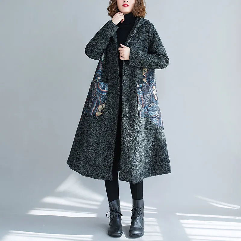 Thickened Hooded Printed Patchwork Woolen Overcoat - Black