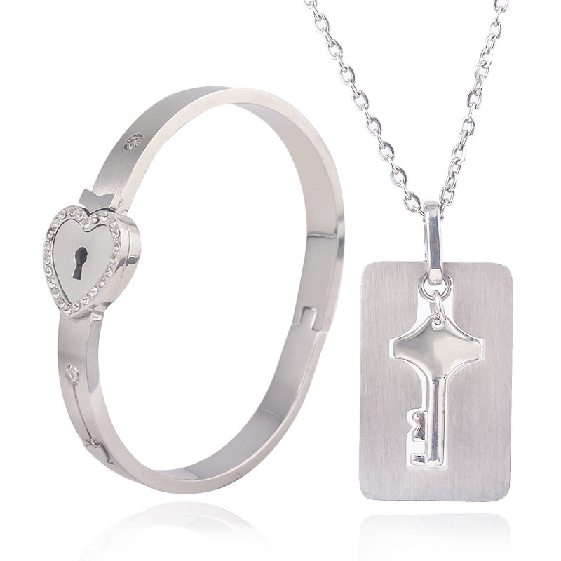 Titanium Steel Couple Love Lock Bracelet & Necklace Set - Image 1 of 22