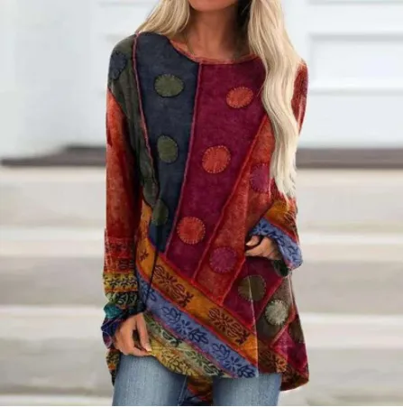Vintage Printed Loose Round Neck Long Sleeve T Shirt Red - Shop at LoveMi