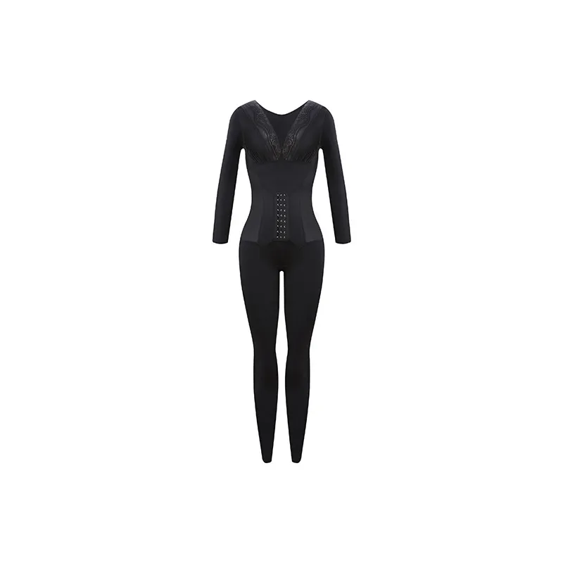 Long-sleeved Trousers and Button-up Cutout Body Shape Suit - Black