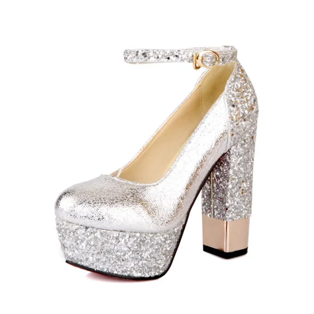 Retro patent leather buckle platform thick heel shoes Silver - Shop at LoveMi