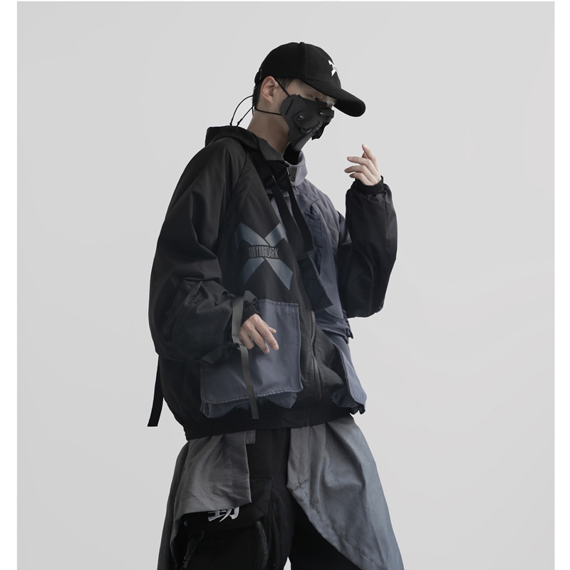 Guochao retro print multi-pocket tooling jacket