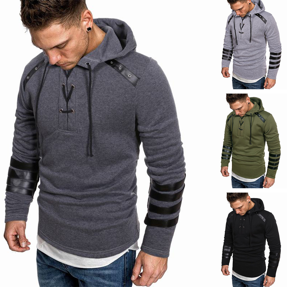 Drawstring sweatshirt with leather hood