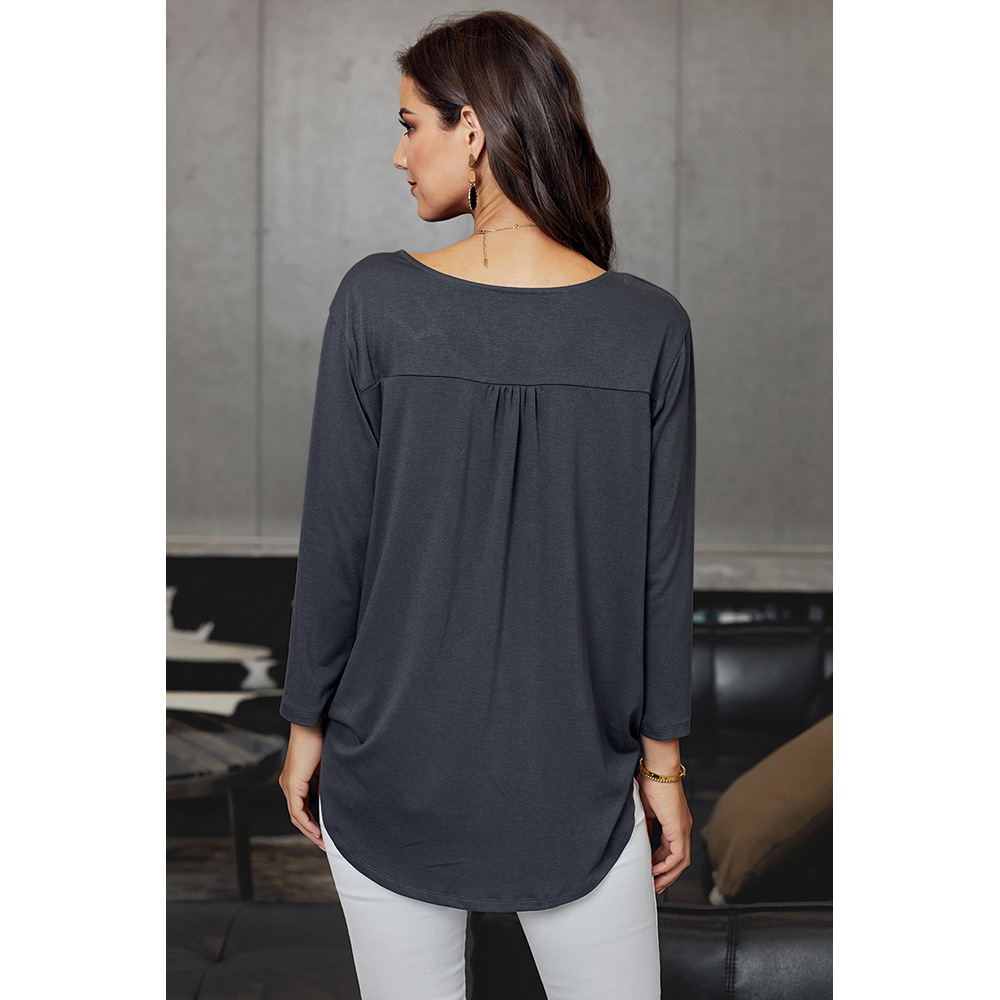 Women's  Solid Color V-neck Pleated Three-quarter Sleeves