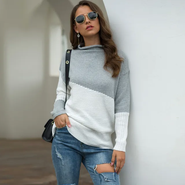 Irregular sleeves curled half high collar contrast color pullover sweater Grey - Shop at LoveMi