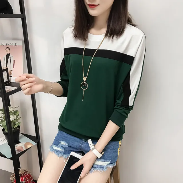 Women's color matching loose sweater Green - Shop at LoveMi