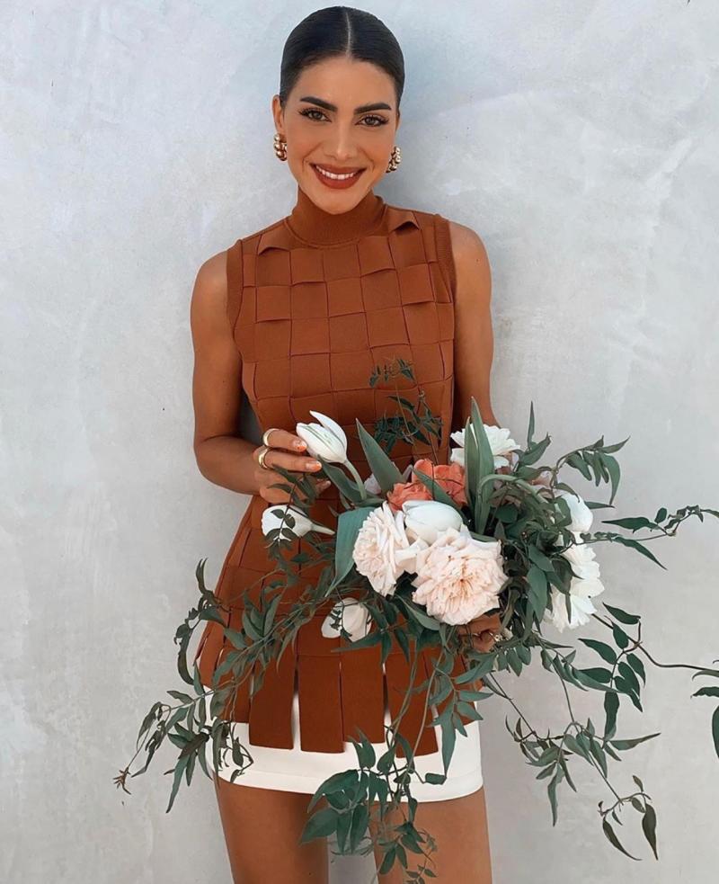 Patchwork plaid sleeveless stretch slim gown